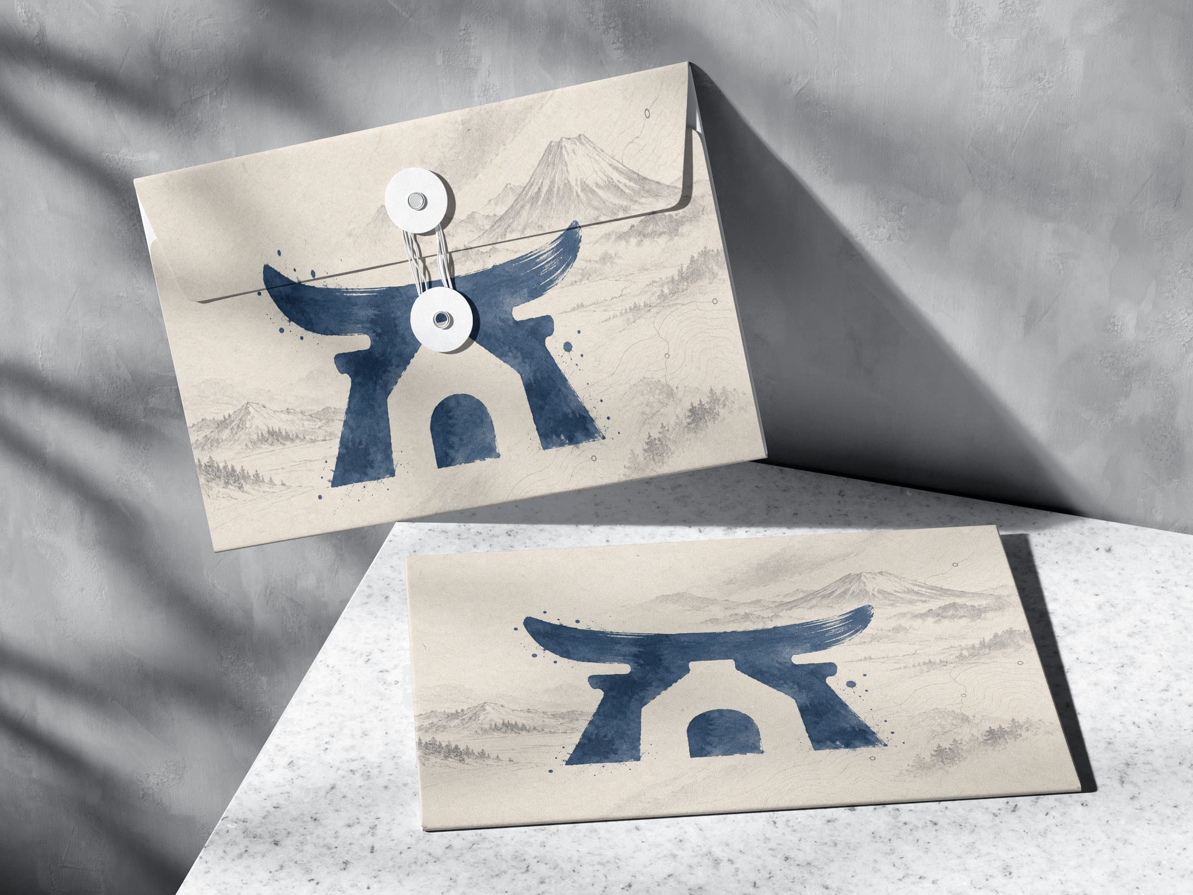 Two envelopes printed with the JapanoMa torii mark over a sumi-e mountain landscape