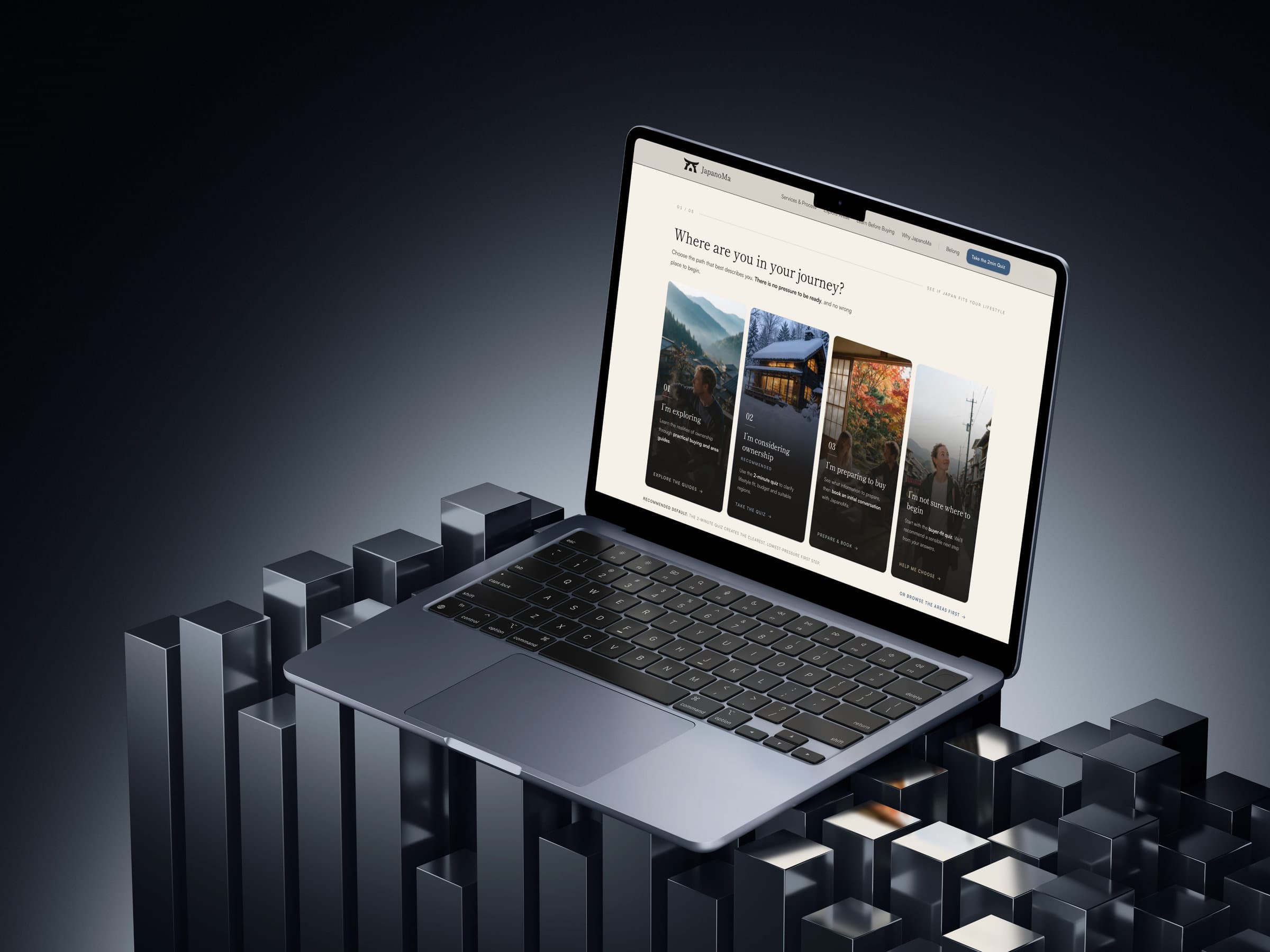 The home page's 'Where are you in your journey?' section, with four starting points such as 'I'm exploring' and 'I'm preparing to buy', on a MacBook Air resting on dark blocks